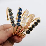 Gold Plated Five Round Natural Agate Titanium Druzy Bangle Bracelet, Crystal Cuff ZG0423
