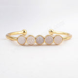 Gold Plated Five Round Natural Agate Titanium Druzy Bangle Bracelet, Crystal Cuff ZG0423