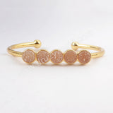 Gold Plated Five Round Natural Agate Titanium Druzy Bangle Bracelet, Crystal Cuff ZG0423