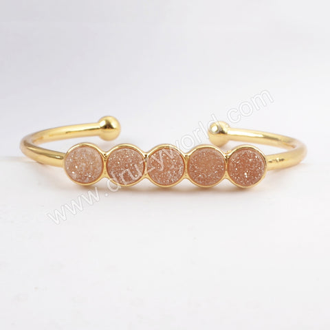 Gold Plated Five Round Natural Agate Titanium Druzy Bangle Bracelet, Crystal Cuff ZG0423