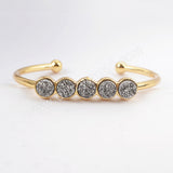 Gold Plated Five Round Natural Agate Titanium Druzy Bangle Bracelet, Crystal Cuff ZG0423
