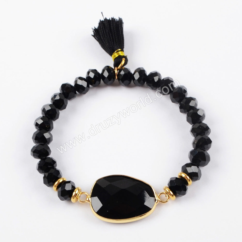 Gold Plated Multi-stone With 8mm Faceted Beads & Tassel Bracelet Bangle G1503