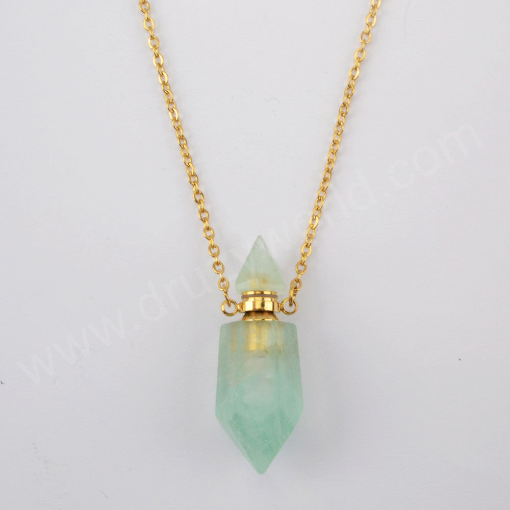 Multi Gemstone Fluorite Quartz Perfume Bottle Gold Plated Necklace, Healing Crystal Stone Bottle Necklace G1942-N