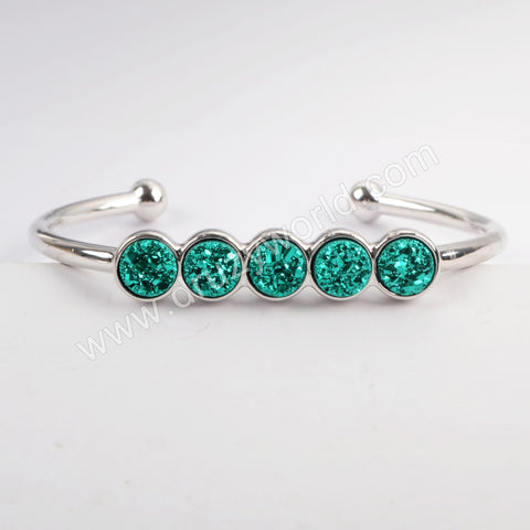 Silver Plated Five Round Natural Agate Titanium Druzy Bangle Bracelet, Crystal Cuff ZS0424