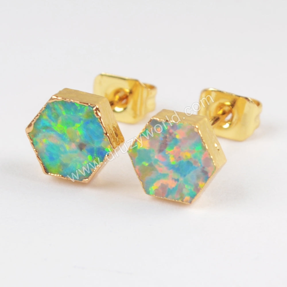 Hexagon Blue Opal Studs Earring Gold Plated G1422