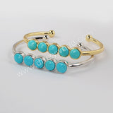 Five Round Natural Turquoise Bangle Bracelet, Gold/Silver Plated Bezel Gemstone Cuff ZG0427