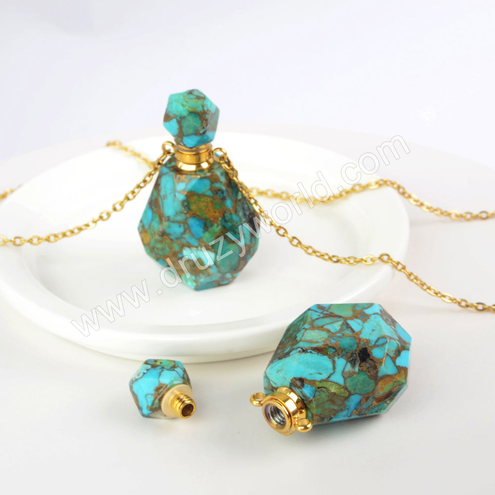 Natural Gold Crack Turquoise Perfume Bottle Necklace PB001-N
