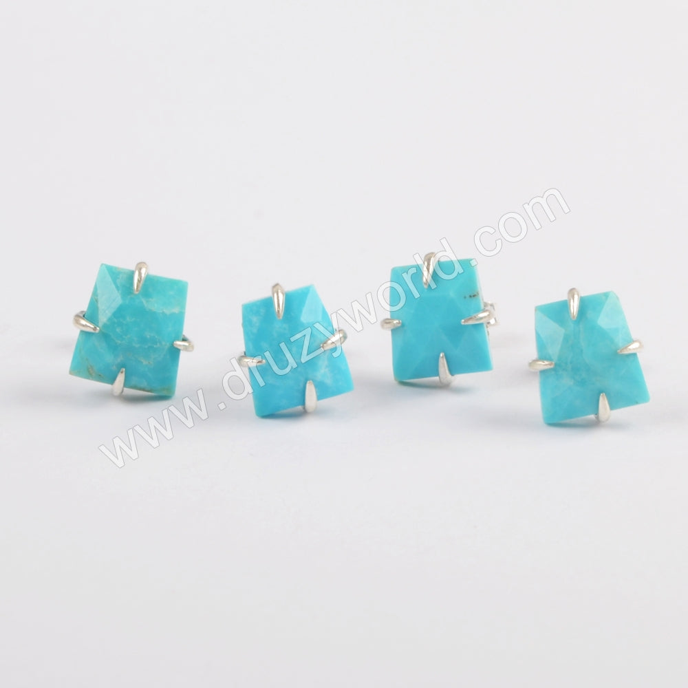 S925 Sterling Silver Claw Natural Turquoise Faceted Stud Earrings SS200