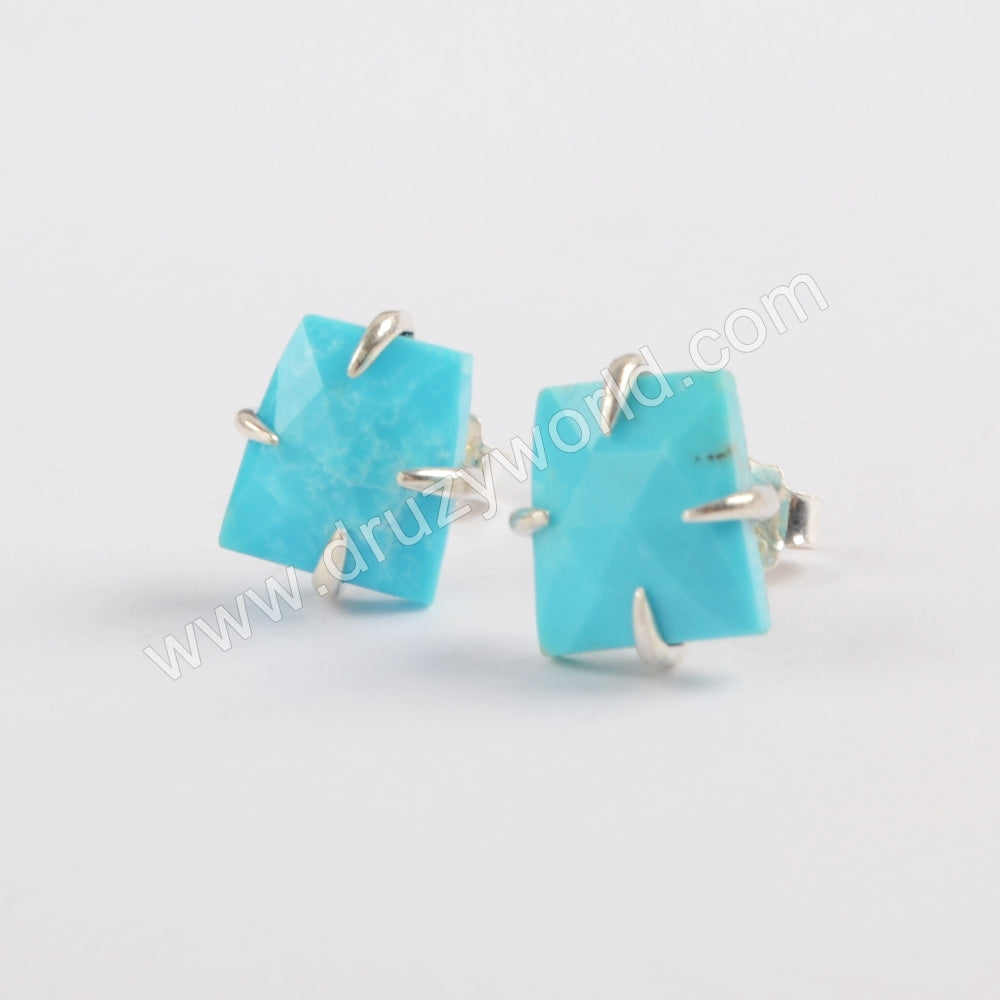 S925 Sterling Silver Claw Natural Turquoise Faceted Stud Earrings SS200