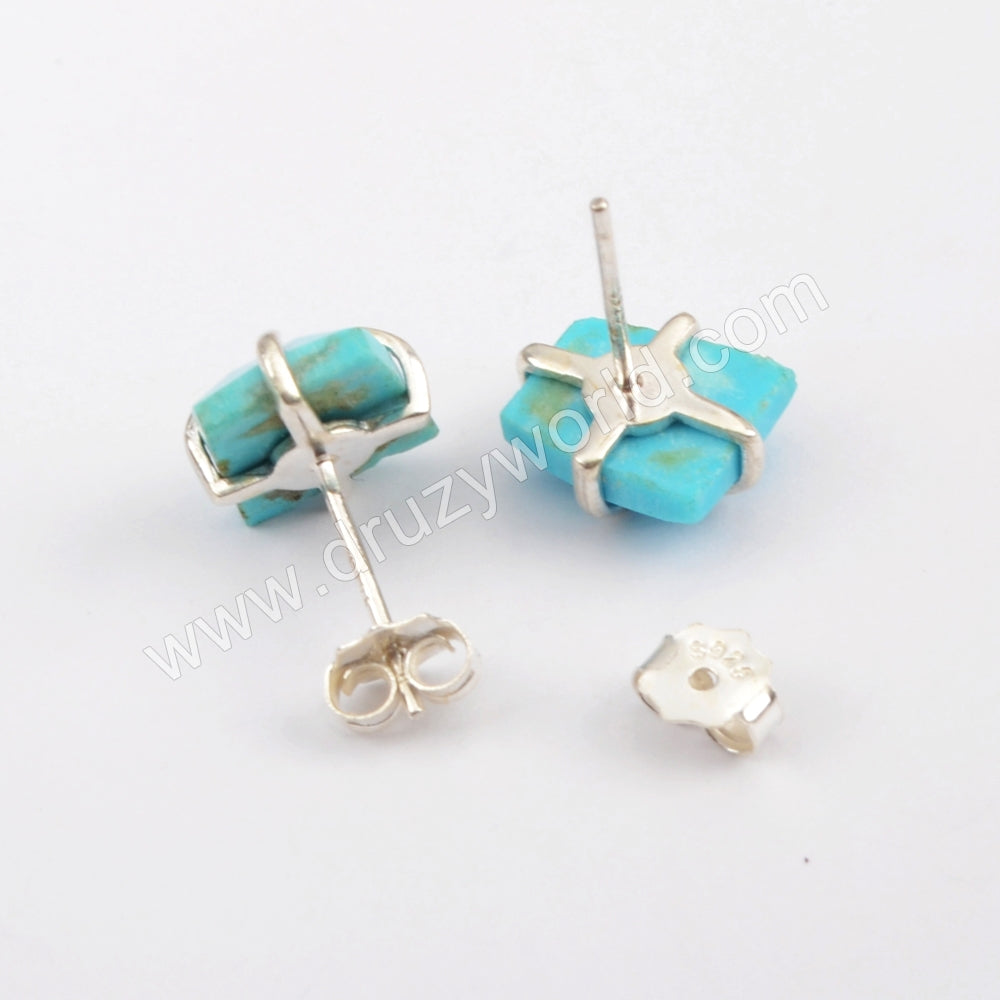 S925 Sterling Silver Claw Natural Turquoise Faceted Stud Earrings SS200