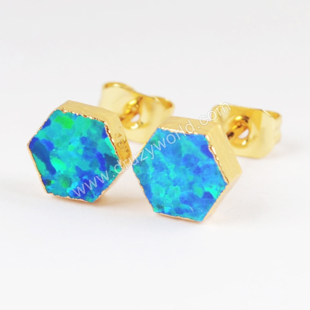 Hexagon Blue Opal Studs Earring Gold Plated G1422