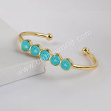 Five Round Natural Turquoise Bangle Bracelet, Gold/Silver Plated Bezel Gemstone Cuff ZG0427