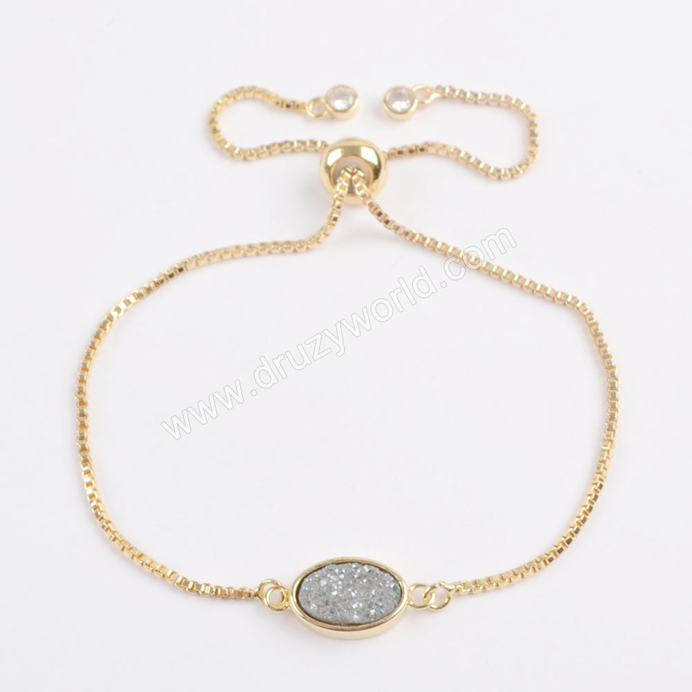 Oval Gold Plated Bezel Titanium Druzy Adjustable Bracelet ZG0221