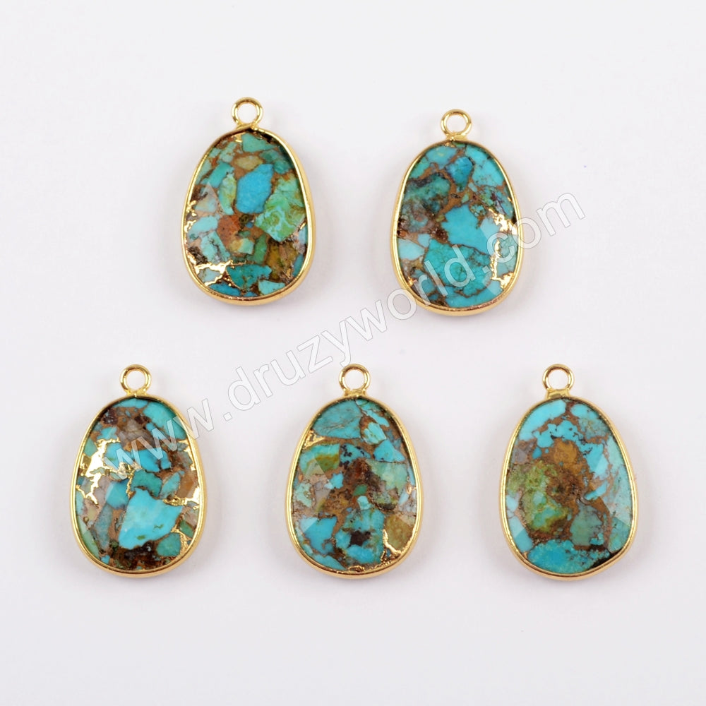 18K Bezel Copper Goldline Turquoise Charm For Jewelry Making Silver Plated S1632