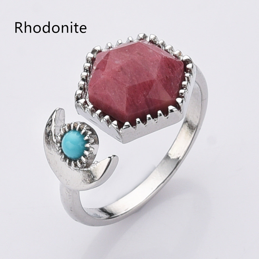 Silver Plated Hexagon Gemstone Faceted Ring, Adjustable Open Ring, Natural Crystal Stone Jewelry WX2196