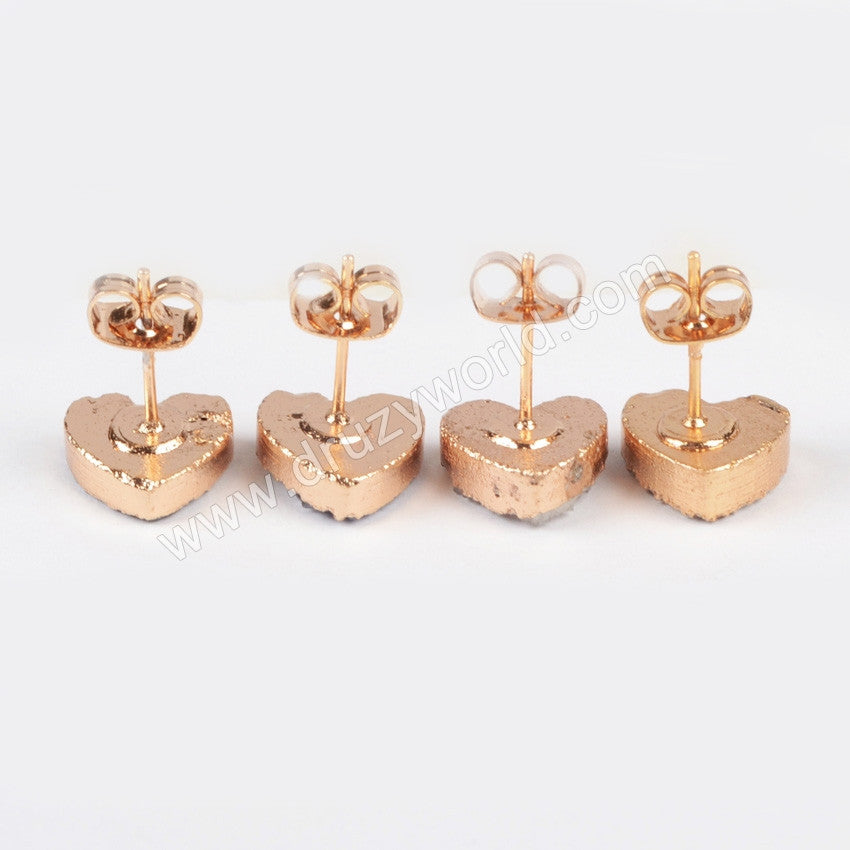 Gold Plated Heart 10mm Natural Agate Titanium Rainbow Druzy Stud Earrings G0910