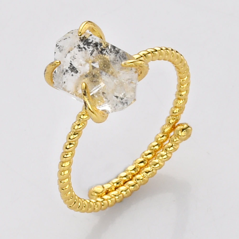 Adjustable Gold Plated Claw Raw Herkimer Quartz Statement Ring, Healing Gemstone Ring, Crystal Jewelry ZG0501