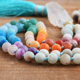 32" Raw Crystal Blue Tassel 8mm Rainbow Stone Beads Long Necklace, Mala Prayer Balance Meditation Reiki Spiritual Jewelry HD0309