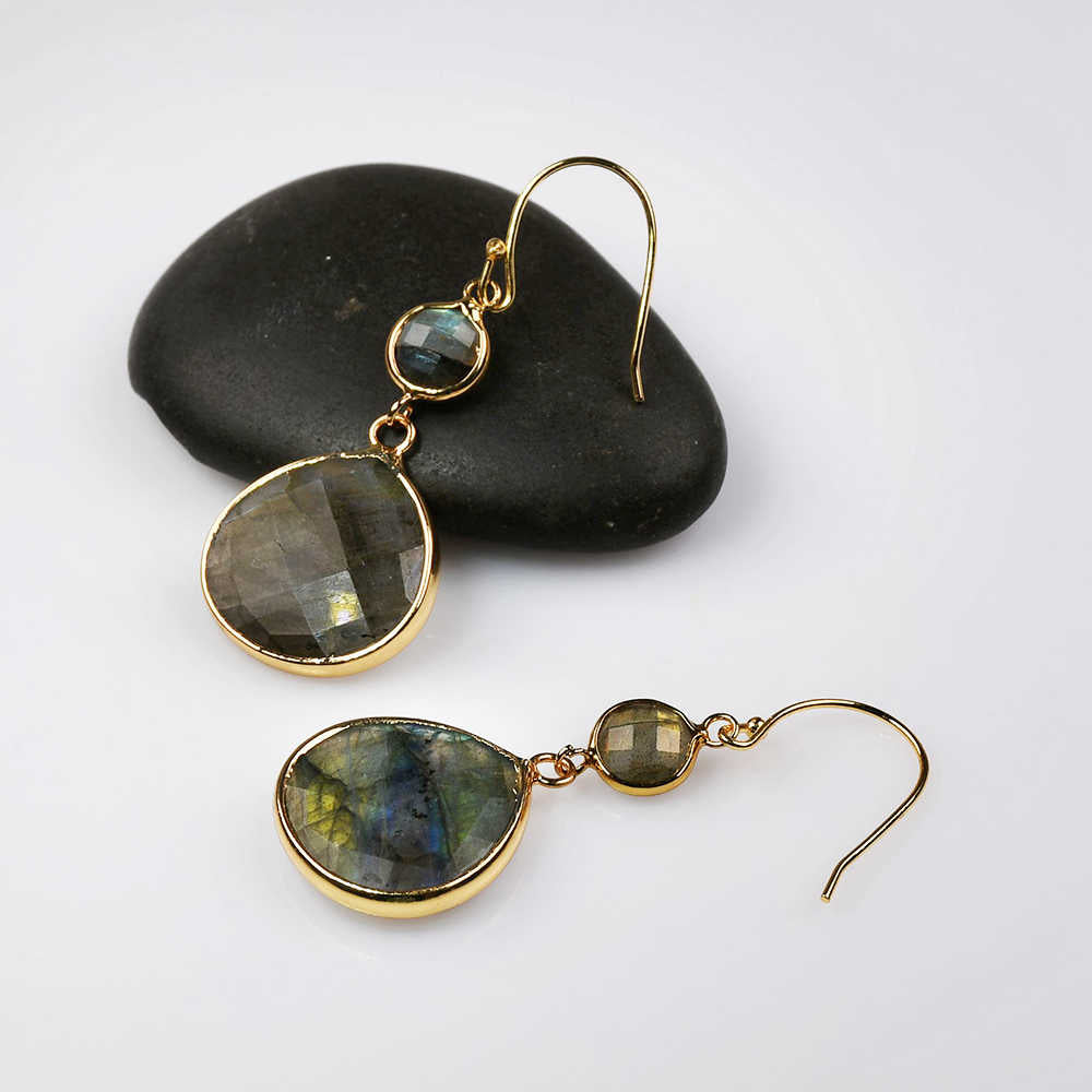 Gold Plated Natural Labradorite Earrings, Teardrop Dangle Earrings, Fashion Jewelry G2088