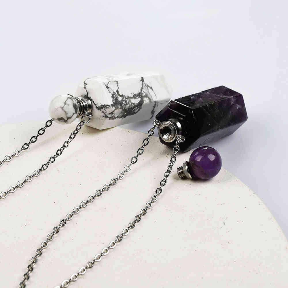 19" Hexagon Point Silver Multi-kind Stone Perfume Bottle Necklace Gemstone bottle necklace WX2091