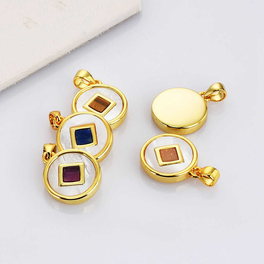 12mm Round Gold Plated Bezel White Shell With Multi-kind Stone Pendant WX2131