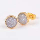 8mm Gold Plated Round Natural Agate Titanium AB Druzy Stue Earrings G0680