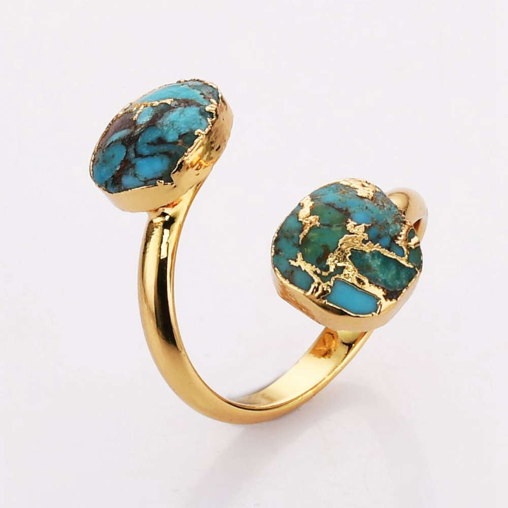 Gold Plated Copper Turquoise Ring Oval Shape Adjustable Size Double Stone Ring Gemstone Wrap Ring Jewelry G2082