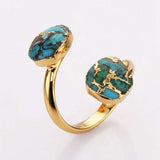 Adjustable Gold Plated Double Copper Turquoise Ring, Real Turquoise Aqua Gemstone Jewelry G2082