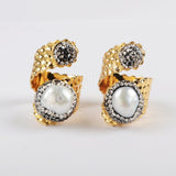 Unique Rhinestone Pave Round Blue Howlite Turquoise Black Agate Pearl Gold Band Wrap Ring JAB963