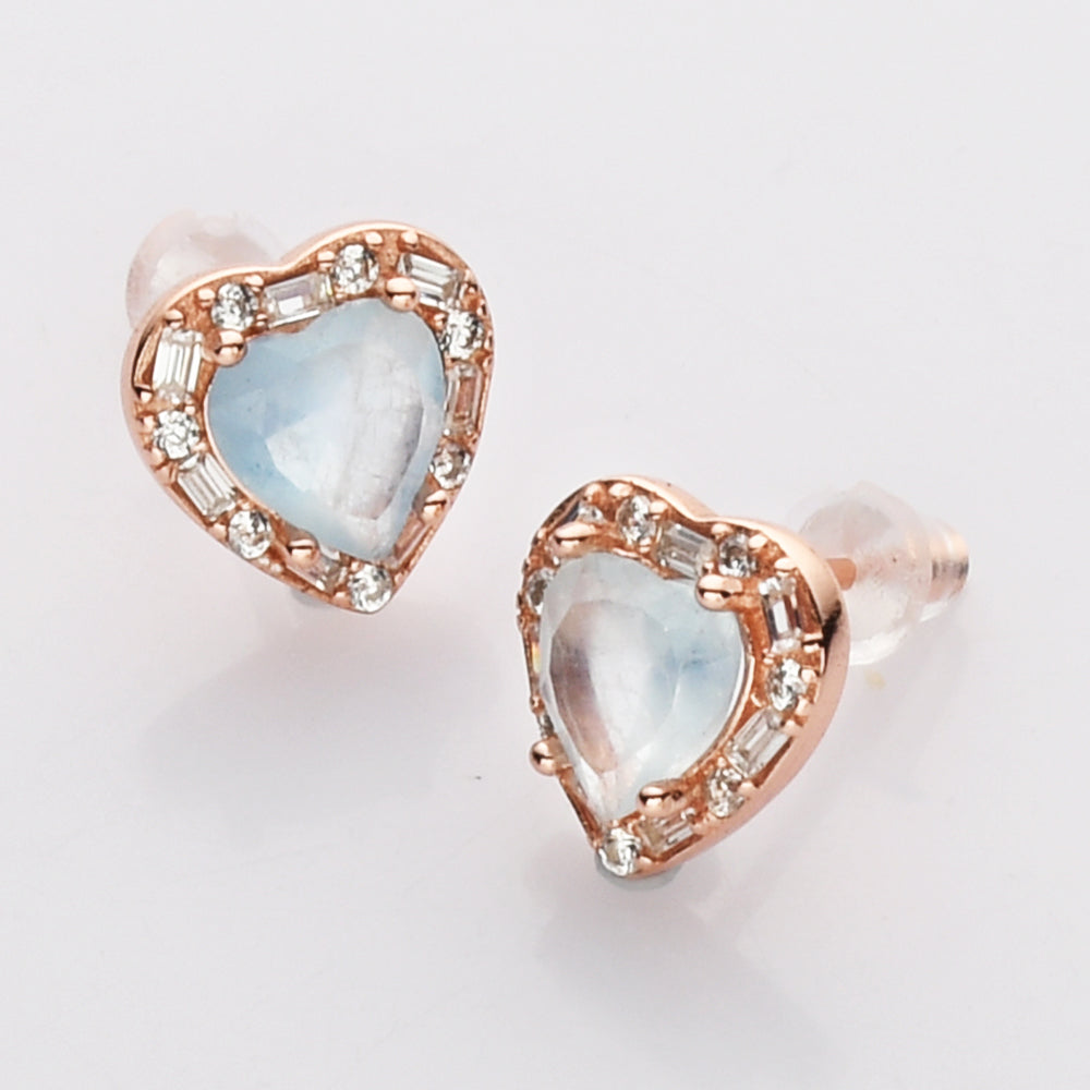S925 Sterling Silver Rose Gold CZ Heart Gemstone Stud Earrings, Healing Crystal Amethyst Aquamarine Rose Quartz Moonstone Jewelry, Dainty Earrings SS215