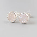 Round 8mm Silver Plated Bezel Natural Agate Titanium Druzy Stud Earrings, Drusy Jewelry ZS0198