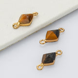 Tiny Gold Plated Tiger's Eye Connector, Diamond Faceted Shape, Gemstone Charm, For Jewelry Making AL610