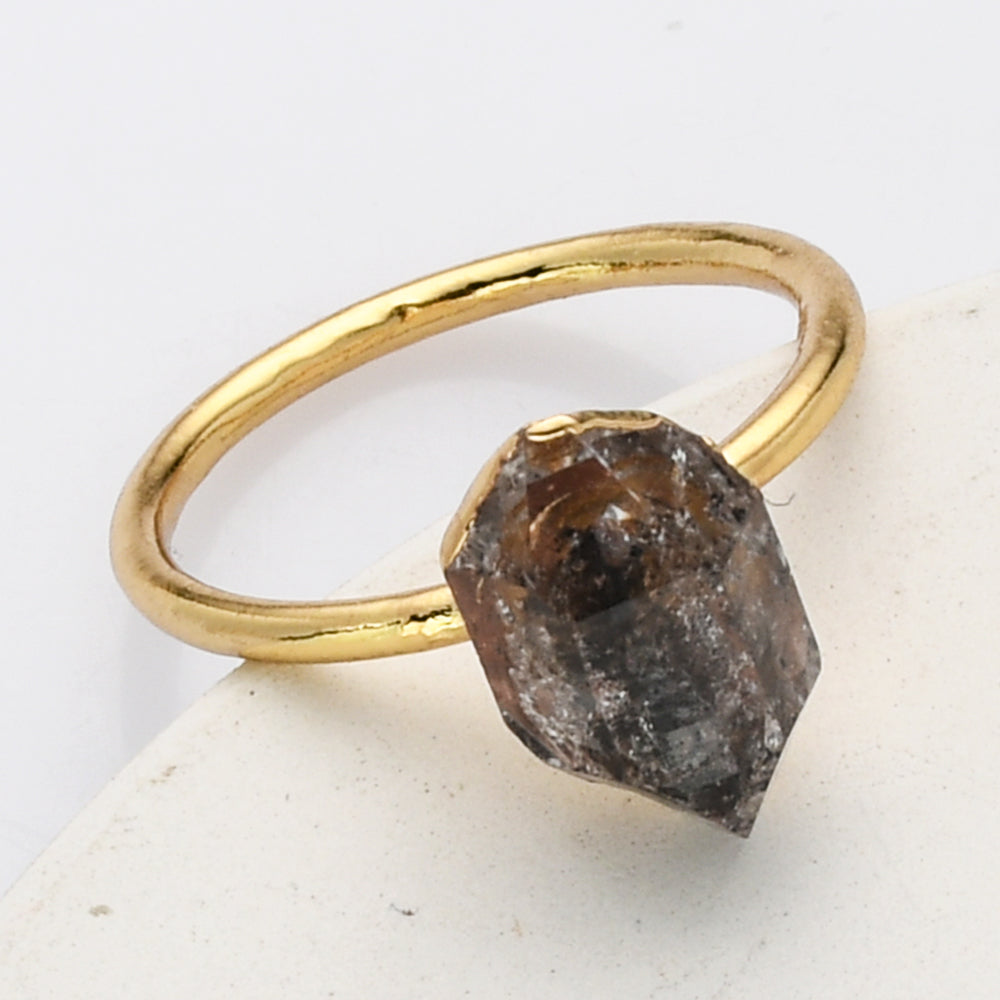 Gold Plated Raw Herkimer Diamond Ring, Healing Crystal Quartz Jewelry G2100