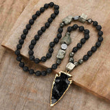 30" Gold Black Obsidian Arrowhead Point 8mm Pyrite Lava Stone Beads Long Necklace, Handmade Boho Necklace HD0182