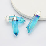 Polished Silver Plated Aqua Aura Crystal Point Pendant Beads, Raw Titanium Blue Quartz Jewelry S0360-2