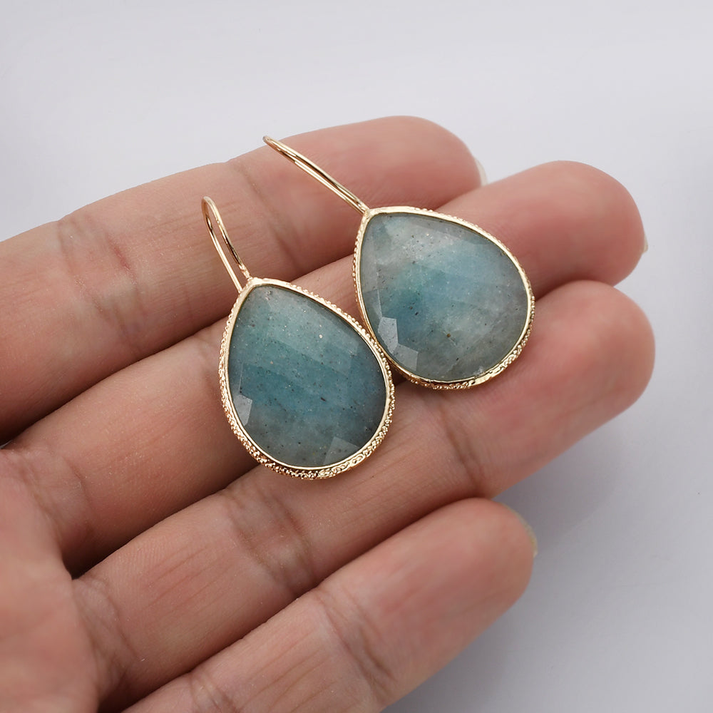 Teardrop Gold Plated Rainbow Natural Gemstone Earrings, Faceted Rose Quartz Amazonite Labradorite Lapis Amethyst Earrings,  Healing Crystal Stone Jewelry WX2148