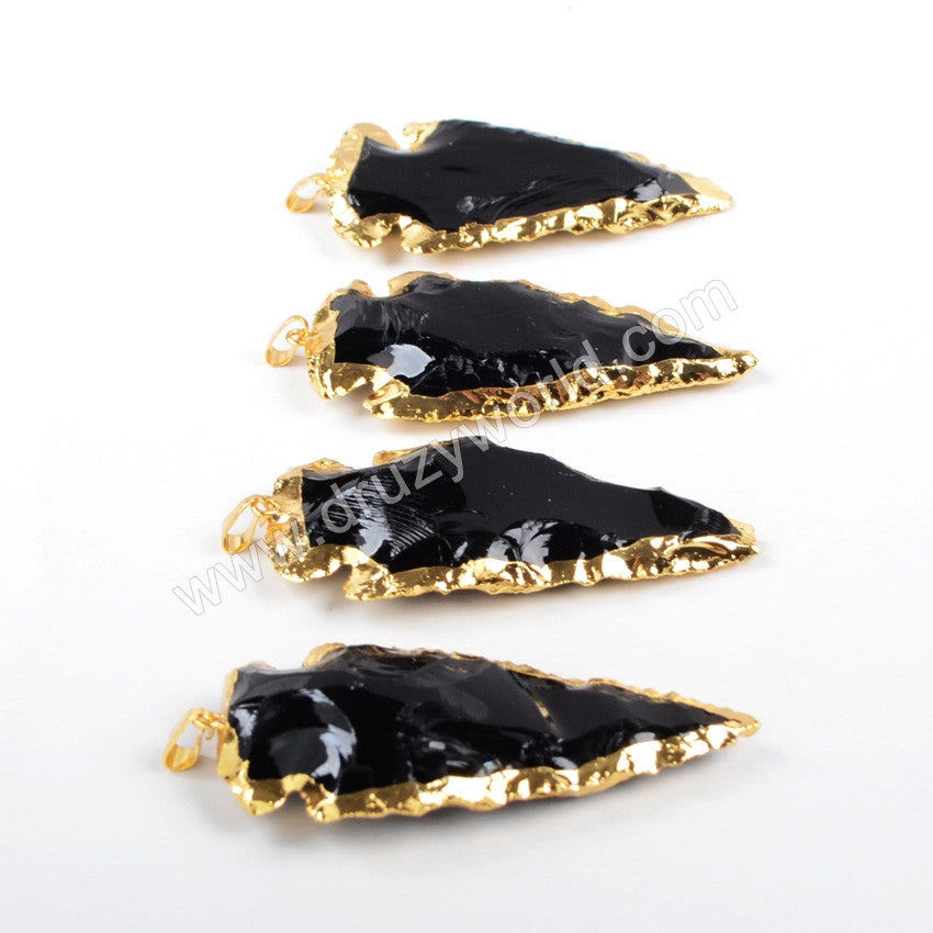 Small Gold Plated Rough Black Obsidian Arrowhead Pendant G0503