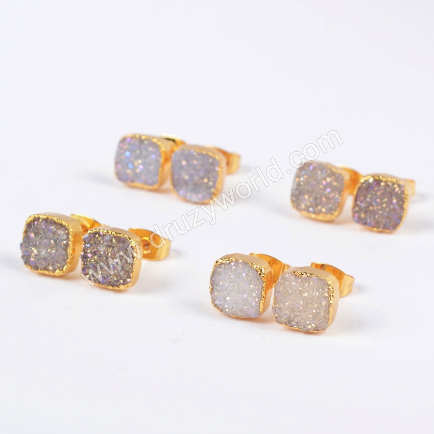 8mm Gold Plated Square Natural Agate Titanium AB Druzy Stue Earrings