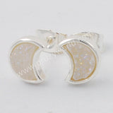 Silver Plated Bezel Crescent Moon Natural Titanium Druzy Studs Earrings ZS0282