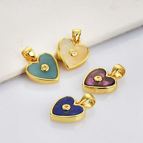 Heart Shape Gold Plated Bezel Rainbow Natural Gemstone CZ Micro Pave Pendant WX2129