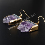 Natural Amethyst Slice Druzy Dangle Earrings Gold Plated WX014