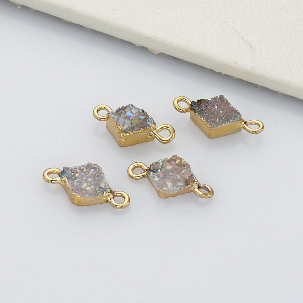 Tiny Gold Plated Titanium AB Color Druzy Connector, Diamond Shape, Gemstone Charm, For Jewelry Making AL611