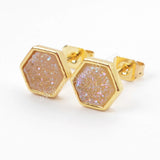 Hexagon Gold Plated Bezel Rainbow Titanium Druzy Studs Earrings ZG0275