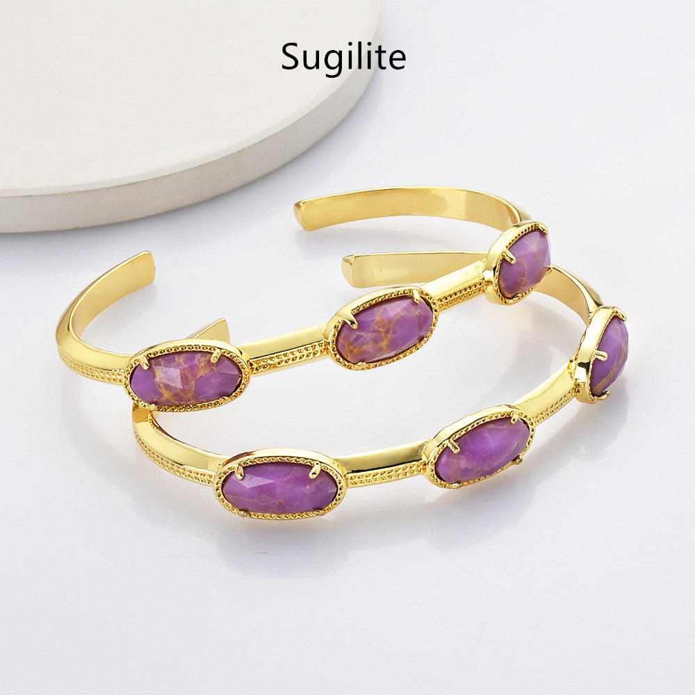 Gold Plated Oval Gemstone Faceted Claw Bangle, Healing Crystal Stone Cuff Bracelet JewelryZG0494