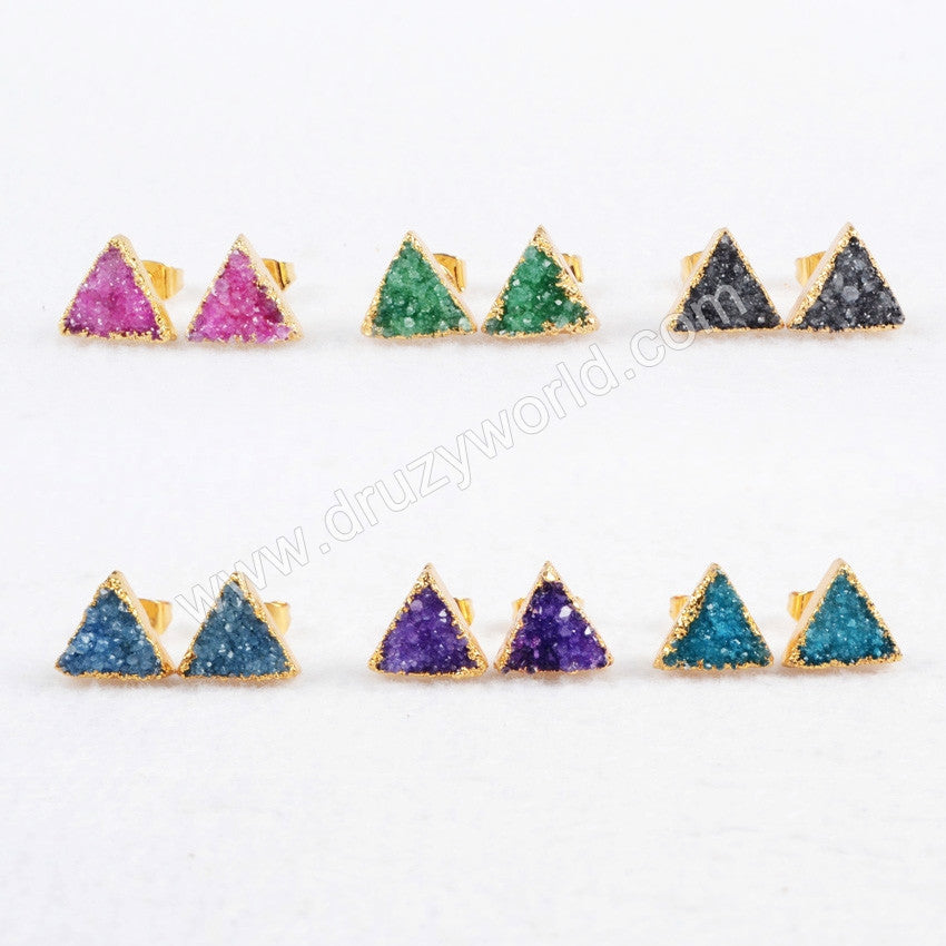 Colorful Agate Druzy Earrings, triangle druzy studs, blue druzy studs, crystal studs, druzy quartz studs, gemstone earrings, unique jewelry