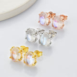 S925 Sterling Silver Oval Moonstone Faceted CZ Micro Pave Stud Earrings LM030