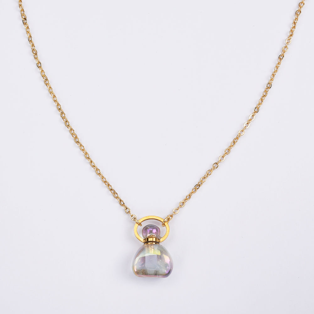 Gold Plated Triangle AB White Titanium Quartz Perfume Bottle Pendant & Necklace, Healing Crystal Jewelry G2065