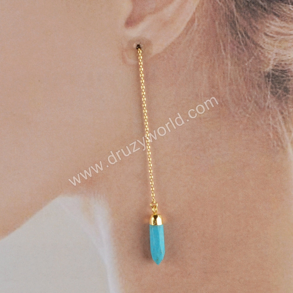 Natural Turquoise Faceted Point Threader Earrings Gold Plated, Gemstone Jewelry Dangle Earring S1343