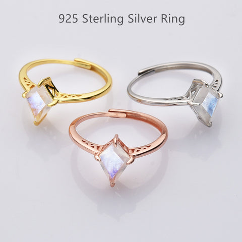 S925 Sterling Silver Diamond Natural Moonstone Faceted Ring, Adjustable, Healing Crystal Stone Jewelry Ring SS241RG