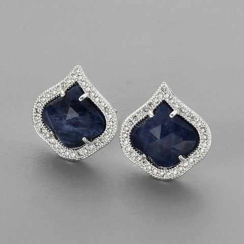 Teardrop Silver Plated Claw Natural Blue Sodalite Amazonite Micro Pave Stud Earrings, Faceted Crystal Stone Post Earrings, CZ Studs Fashion Jewelry WX2146